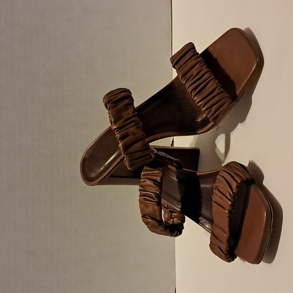 Staud Brown Frankie Ruched Sandals Heeled Block Heel Two Strap Preowned - Picture 1 of 10